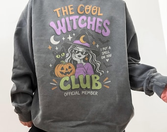 Camiseta Witches Club Comfort Colors®, camiseta con estampado de gafas de sol de bruja a la moda, sudadera retro de Halloween, regalo divertido para la temporada de Halloween.