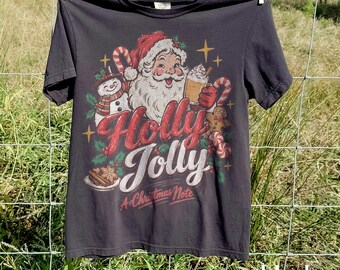 Comfort Colors® Holly Jolly Santa Christmas Shirt, Santa Cocoa Snowman Graphic Tee, Cheerful Vintage Holiday Top, Festive Music Gift