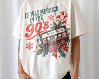 Comfort Colors® 90s Christmas Mixtape Shirt, It Was Merrier in the 90s Cassette Tape Graphic Tee, Retro Vintage Top, Nostalgic Holiday Gift