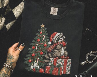 Vintage Christmas Raccoon Comfort Colors® Shirt, Santa Hat Tree Ornaments Graphic Tee, Cute Woodland Holiday Animal Top, Festive Gift