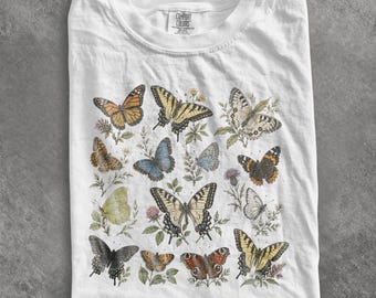 Camiseta gráfica de la colección de mariposas vintage, camiseta con gráfico de naturaleza y vida silvestre, estilo botánico retro de insectos, camiseta de regalo de mariposas Comfort Colors®