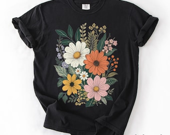 Camiseta vintage con estampado botánico de flores silvestres, camiseta de jardín de flores silvestres, estilo bohemio vintage natural, camiseta de regalo floral Comfort Colors®