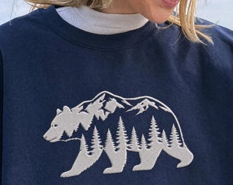Bear Embroidered Crewneck, Mountain Forest Wildlife Sweatshirt, Gift for Nature and Animal Lovers, Cozy Outdoor Embroidery Gift