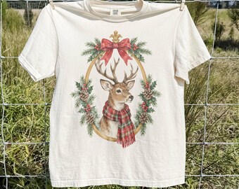 Christmas Deer Shirt, Plaid Scarf Buck Graphic Tee, Rustic Woodland Winter Top, Comfort Colors® Nature Lover Holiday Season Gift