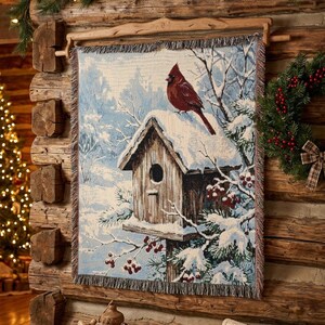 Winter Birdhouse Woven Blanket | Cardinal on Snowy Branch