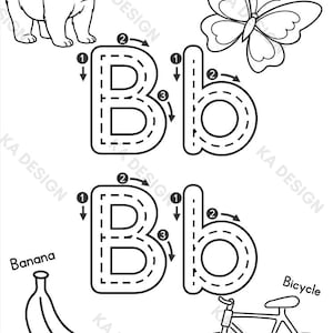May include: A black and white educational worksheet featuring the letter B in uppercase and lowercase with numbered directional arrows for tracing. Illustrations include a bear, butterfly, banana, and bicycle with their corresponding labels.