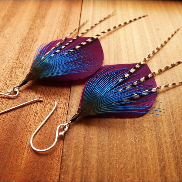 Feather earrings Hidden Treasure, Purple feather earrings, Feather dangles, Peacock earrings, Long feather earrings, Symmetrical earrings