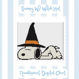 Könnte beinhalten: Ein Kreuzstichmuster mit der weißen Figur Snoopy, die einen schwarzen Hexenhut mit orangefarbenem Band trägt. Das Design wird als digitales Diagramm mit dem Text Snoopy W/ Witch Hat und Needlepoint Digital Chart oben und unten dargestellt.