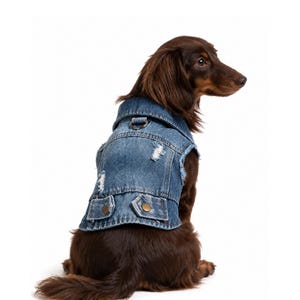 May include: A blue denim vest for a dog featuring a distressed finish with frayed edges, a fold-down collar, two small pockets with brass-colored buttons at the lower hem, and a metal D-ring attached to the back near the neckline for a leash.