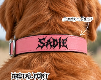 Custom Name Faux Leather Pet Collar | Hardcore Metal Punk Fonts Engraved Personalized Vegan - Brutal