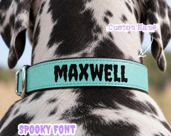 Custom Name Faux Leather Pet Collar | Hardcore Metal Punk Fonts Engraved Personalized Vegan Spooky Creepster Halloween Font