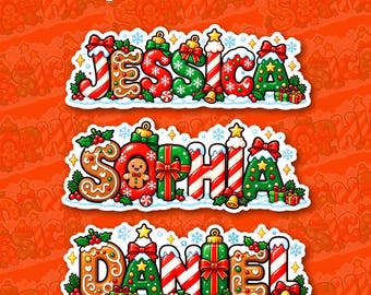 Custom Christmas Name Sticker Personalized Text Holiday Xmas Cute Vacation Decal with Text, Vacation Aesthetic Keepsake Gift Boy Girl