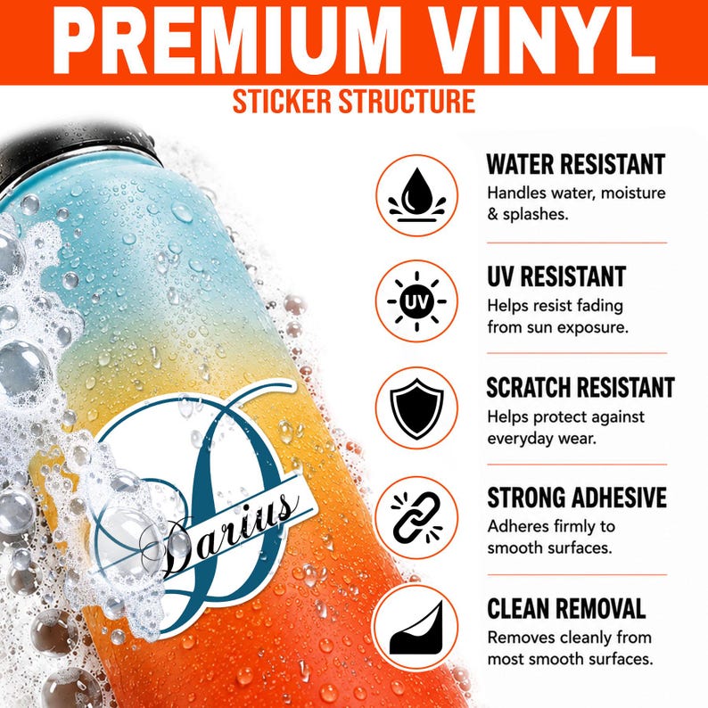 May include: A premium vinyl sticker structure infographic featuring a gradient blue to orange water bottle with a circular logo containing the name Darius. The text lists features: water resistant, UV resistant, scratch resistant, strong adhesive, and clean removal.