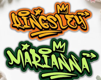May include: Two custom name patches featuring graffiti-style lettering. The top patch displays the name KINGSLEY in yellow with an orange outline, while the bottom patch shows the name MARIANNA in light green with a dark green outline.