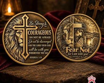 Sii forte, coraggioso, non avere paura. Moneta con leone cristiano, versetto biblico religioso, ricordo per uomo, donna, ragazzo, ragazza, insegnante, infermiera.