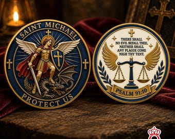 Moneda conmemorativa de San Miguel Arcángel, protegiéndonos. Fe cristiana. Salmo 91:10. Versículo bíblico. Ángel guardián. Protección. Recuerdo religioso.