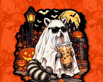 Ghost Raccoon Coffee Sticker Funny Halloween Iced Coffee Spooky Season Trash Panda Decal Magnet Waterproof Gift Phone Laptop Boy Girl