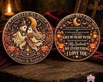 Moneta personalizzata con nome di coppia di fantasmi carini, testo personalizzato, anniversario gotico, stagione spettrale, Halloween, regalo ricordo, relazione, innamorati, matrimonio