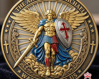 Moneda conmemorativa del Arcángel Miguel que vela por nosotros. Fe cristiana, religión, Biblia, protección, ángel guardián. Regalo de recuerdo.