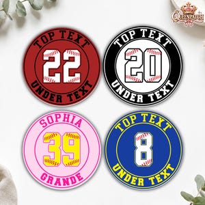 May include: Four circular patches featuring baseball-themed designs. Each patch displays a large number filled with a baseball stitch pattern, surrounded by text that reads TOP TEXT and UNDER TEXT, except for one with SOPHIA and GRANDE.