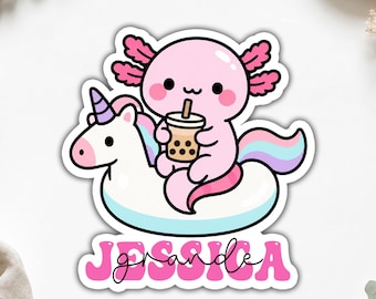 Custom Drinking Milk Tea Axolotl Name Magnet, Personalized Kawaii Sticker & Unicorn Decal with Text, Cute Axolotl Keepsake Gift