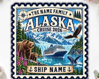Custom Alaska Stamp Cruise Door Magnet, Personalized Wildlife Sticker & Travel Decal with Name, Alaska Vacation Cabin Souvenir Keepsake Gift