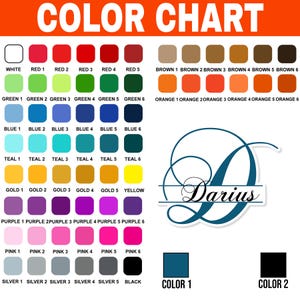 May include: A color chart featuring a grid of various colored squares labeled with names like white, red, green, blue, teal, gold, yellow, purple, pink, silver, brown, orange, and black. A large teal letter D with the name Darius is displayed.