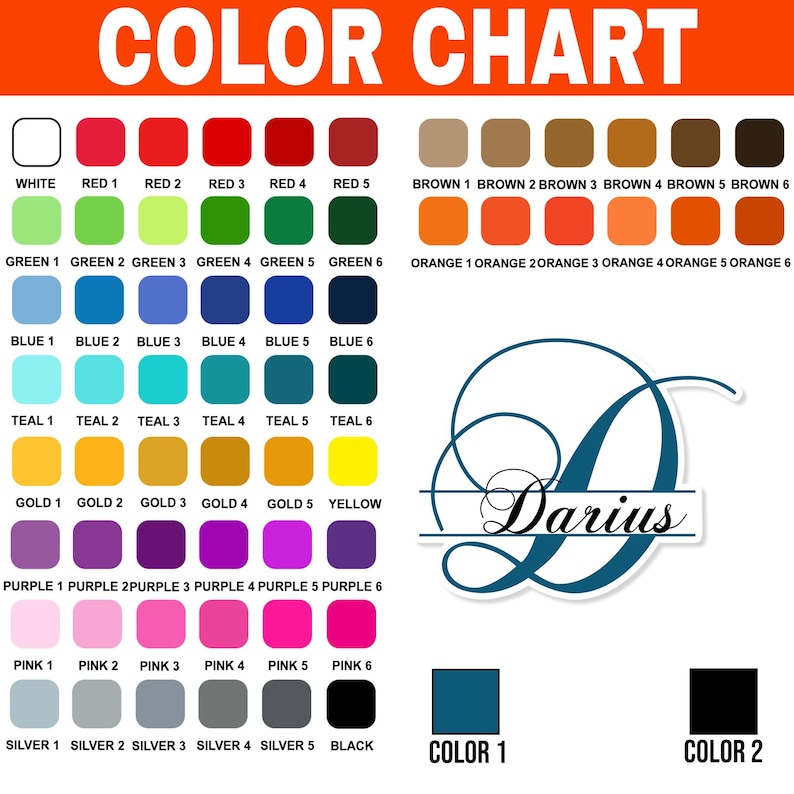 May include: A color chart featuring a grid of various colored squares labeled with names like white, red, green, blue, teal, gold, yellow, purple, pink, silver, brown, orange, and black. A large teal letter D with the name Darius is displayed.