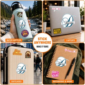 May include: A collection of adhesive vinyl stickers featuring the name Darius in a decorative script font, displayed on a light blue water bottle, a silver laptop, a beige suitcase, and a brown spiral notebook alongside other various graphic decals.