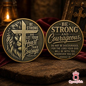 May include: Two circular antique gold-toned metal coins featuring embossed designs. The left coin displays a lion profile, a cross, and the text BE STRONG AND LET YOUR HEART TAKE COURAGE PSALM 31:24. The right coin features the text BE STRONG AND COURAGEOUS DO NOT BE DISCOURAGED, FOR THE LORD YOUR GOD WILL BE WITH YOU WHEREVER YOU GO. JOSHUA 1:9.
