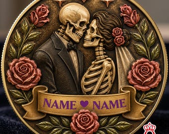 Moneda conmemorativa personalizada con nombre de pareja y esqueleto. Regalo de aniversario de bodas con texto personalizado. Recuerdo romántico de amor para parejas casadas.