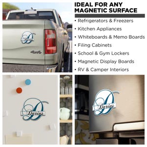 May include: A decorative magnetic decal featuring a large dark blue script letter D with the name Darius written in black cursive across a horizontal bar. The text IDEAL FOR ANY MAGNETIC SURFACE is displayed with a list of suggested uses.