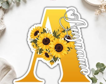 Custom Initial Sunflower Name Sticker, Personalized Floral Monogram Magnet & Flower Decal with Text, Sunflower Aesthetic Keepsake Gift