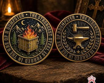 El acero más fuerte se forja en el fuego de un contenedor de basura. Moneda conmemorativa divertida con temática de incendios en contenedores de basura. Regalo motivacional de recuerdo.