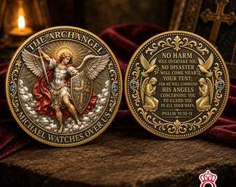 Moneda conmemorativa del Arcángel Miguel: Versículo bíblico sobre la fe cristiana, protección del ángel guardián, regalo inspirador.