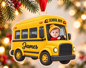 Custom School Bus Name Ornament Personalized Text Face Photo Classroom Vehicle Keepsake