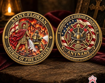 Moneta personalizzata con il nome del vigile del fuoco di Saint Florian, testo personalizzato con numero, ricordo del vigile del fuoco, regalo per innamorati, matrimonio.