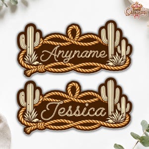 May include: Two rectangular custom name signs featuring a dark brown background framed by a tan rope border. Each sign displays a cactus illustration on both sides and the text Anyname or Jessica in a white cursive script font style.