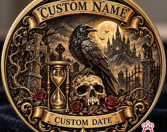 Moneta commemorativa personalizzata con teschio di corvo gotico, nome, testo personalizzato, data, stile stregonesco dark fantasy, regalo per ragazzo, ragazza, insegnante, infermiera, famiglia