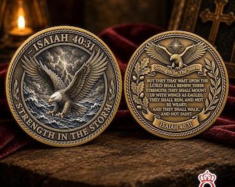 Moneda conmemorativa "Fuerza en la tormenta" con versículo bíblico de fe cristiana y oración religiosa. Regalo inspirador para hombres y mujeres.