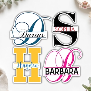 May include: Four custom name decals featuring split-letter designs. Top left: blue letter D with the name Darius. Top right: black letter S with the name Sophia. Bottom left: yellow letter H with the name Hayden. Bottom right: pink letter B with the name Barbara.