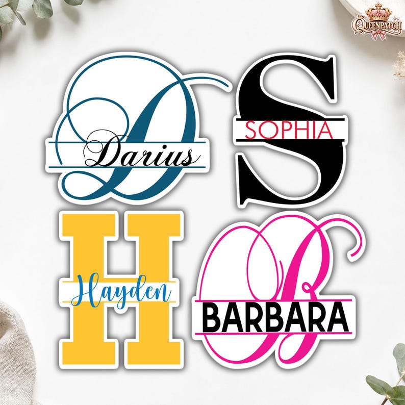 May include: Four custom name decals featuring split-letter designs. Top left: blue letter D with the name Darius. Top right: black letter S with the name Sophia. Bottom left: yellow letter H with the name Hayden. Bottom right: pink letter B with the name Barbara.