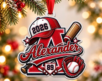 Personalized Baseball or Softball Initial Ornament with Name, Number & Year, Monogram Sports Team Keepsake, Player Christmas Gift