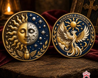 Moneda conmemorativa de renovación y crecimiento: Sol, Luna, Fénix. Motivación inspiradora. Fuerza espiritual. Resiliencia. Regalo de recuerdo para hombres y mujeres.
