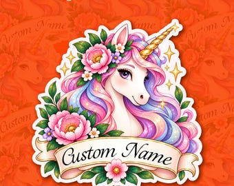 Custom Unicorn Name Sticker Magnet Personalized Text Floral Flower Colorful Magic Fairy Horse Nursery Decal Waterproof Gift Boy Girl