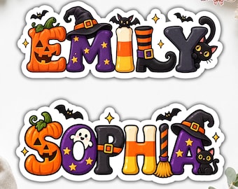 May include: Two decorative Halloween-themed name stickers featuring the names EMILY and SOPHIA. The letters are stylized as pumpkins, witch hats, candy corn, striped stockings, ghosts, black cats, and brooms with bats and stars.