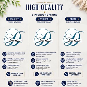 May include: A product information chart displaying three options: a magnet, a sticker, and a decal. Each option features a dark blue cursive letter D with the name Darius centered. The chart lists features like waterproof, weather-resistant, and sizes from 1.5 inches to 12 inches.