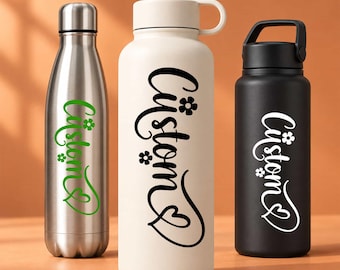Custom Name Clear Vinyl Sticker, Personalized Color Text Decal with Heart Floral Decal for Water Bottles Gift Boy Girl Fan Nurse Teacher