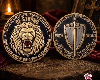 Sé fuerte, nunca sabes quién eres. Moneda conmemorativa inspiradora con diseño de león cristiano y versículo bíblico. Regalo inspirador.