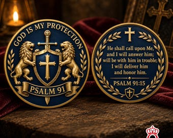 Moneda conmemorativa "Dios es mi protección" con oración cristiana, versículo bíblico y mensaje inspirador. Regalo perfecto para hombres y mujeres.